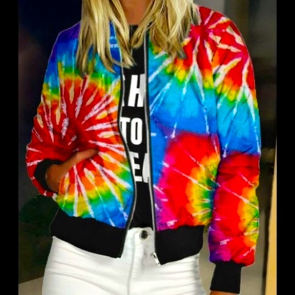 RARE Hippie Style Tie- Dye Printed W/Black Trim Full Zip Up Pocket Coat